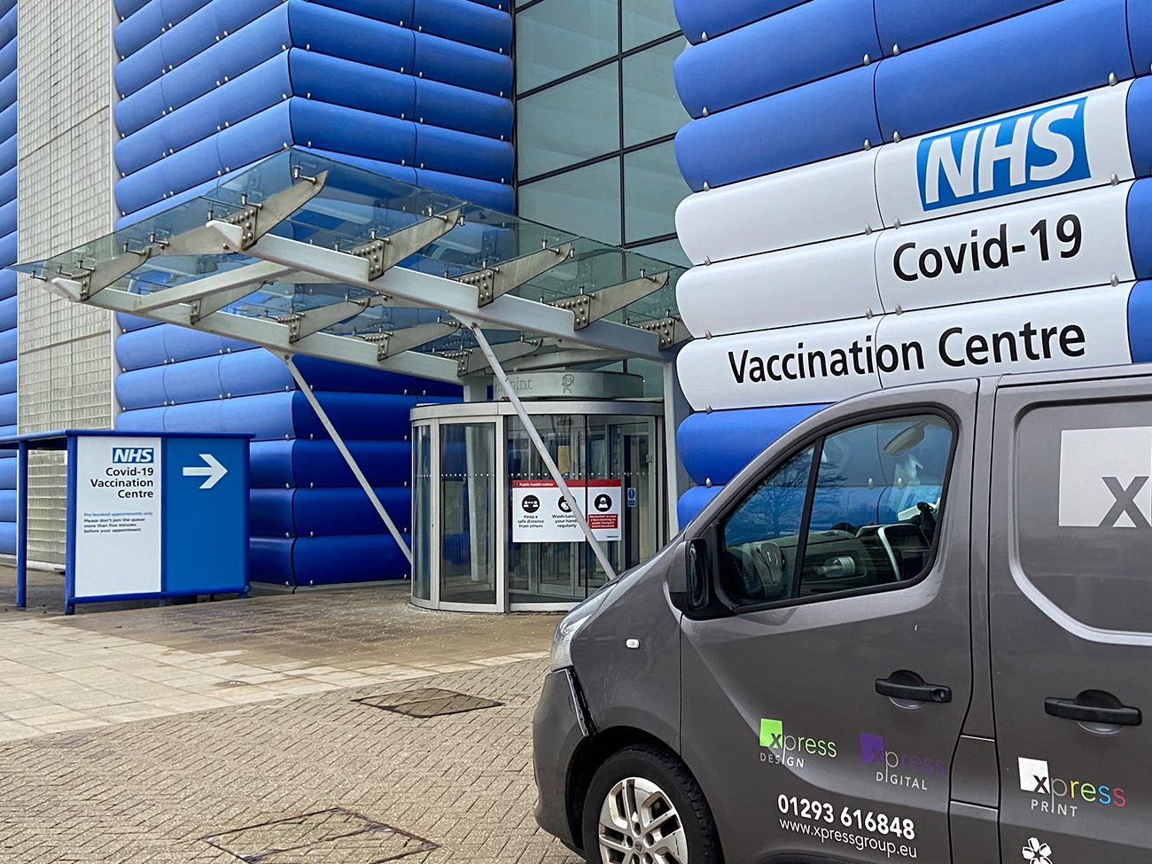 NHS Vaccination Centre Heathrow signage by Xpres